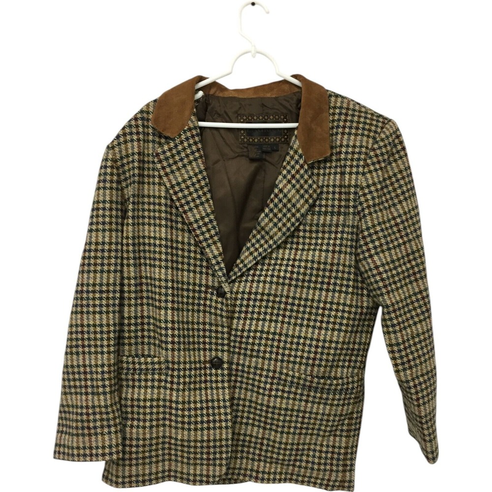 Laurice Suit Jacket Beige Womens Large Houndstooth 2 Button Front Leather Trim